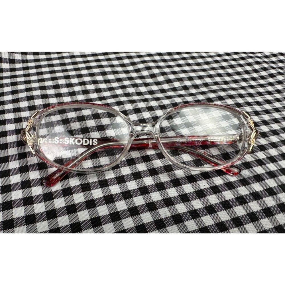 Skodis Clear Frame Glasses Red Burgundy Accents Gold Hardware Retro Rose